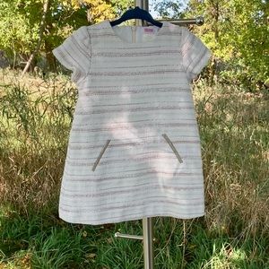 Zara: BabyGirl collection short sleeve cream dress w/ brown & silver ‘stripes’.